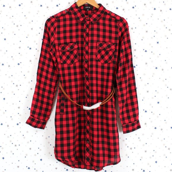 Plaid Shirt Dress with Belt Red Black - Picture 7 of 10